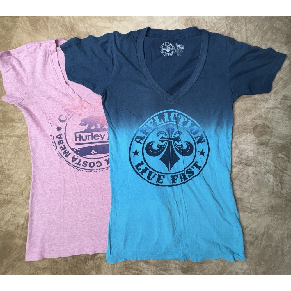 Lot Of 2 Women's T-shirts Medium Hurley & Affliction Vneck